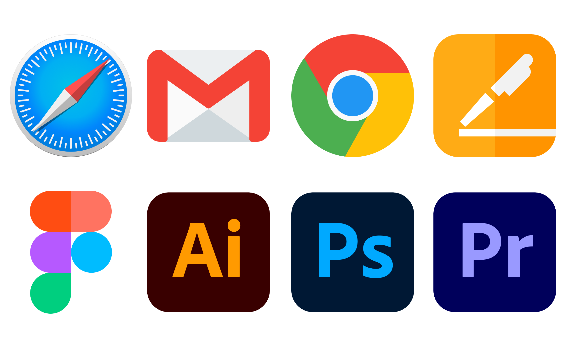 Safari, Mail, Adobe Photoshop, InDesign, Premiere Pro, Microsoft Office, Typinator, Visual Studio Code, Slack, Zoom, Trello, ...