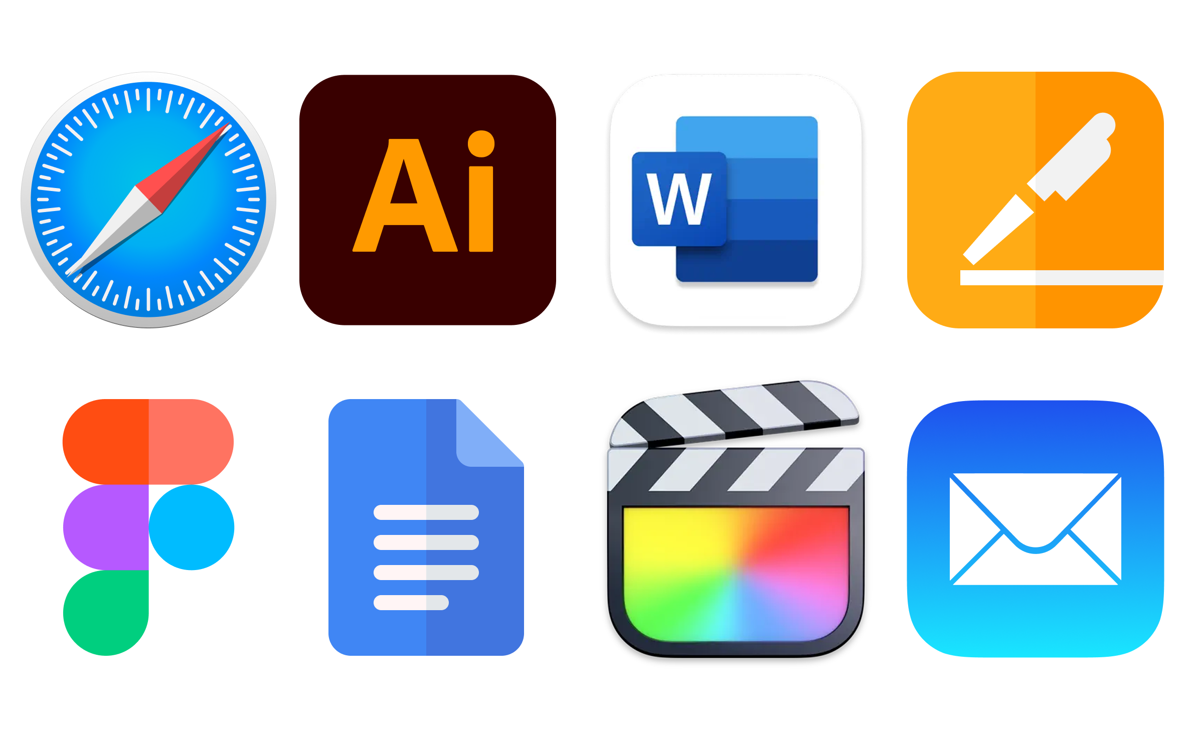 Safari, Google Docs, Word, Pages, Mail, Figma, Adobe Indesign, Final Cut Pro